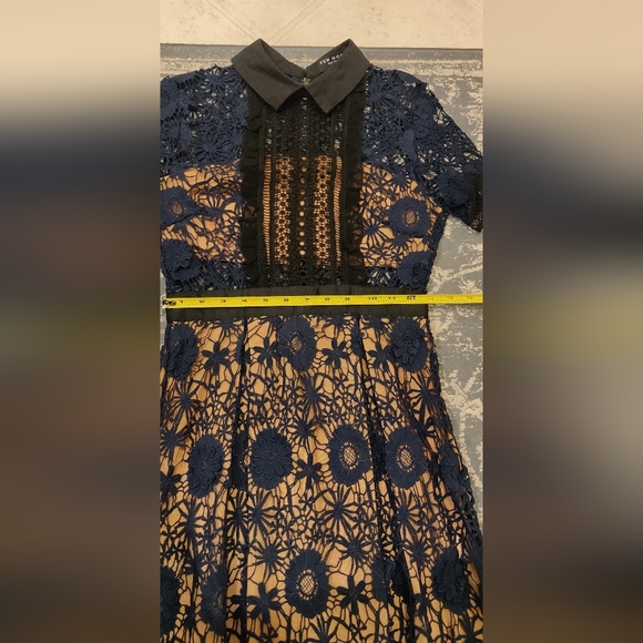 Few Moda NY hollow transparent cotton Elegant Navy Lace Black Trim Midi Dress - Picture 13 of 14